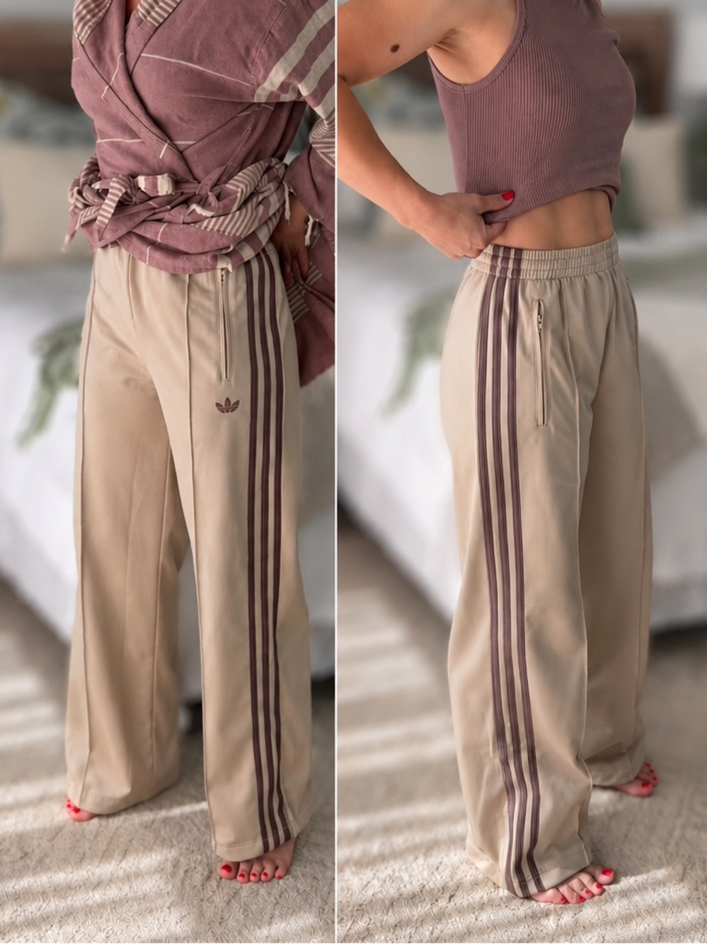 adidas Originals Beige Track Pants with Brown Stripes